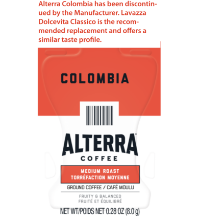 Alterra Colombia - DISCONTINUED. Lavazza Dolcevita Classico is the recommended replacement and offers a similar taste profile.  Alterra Coffee Colombia Medium Flavia